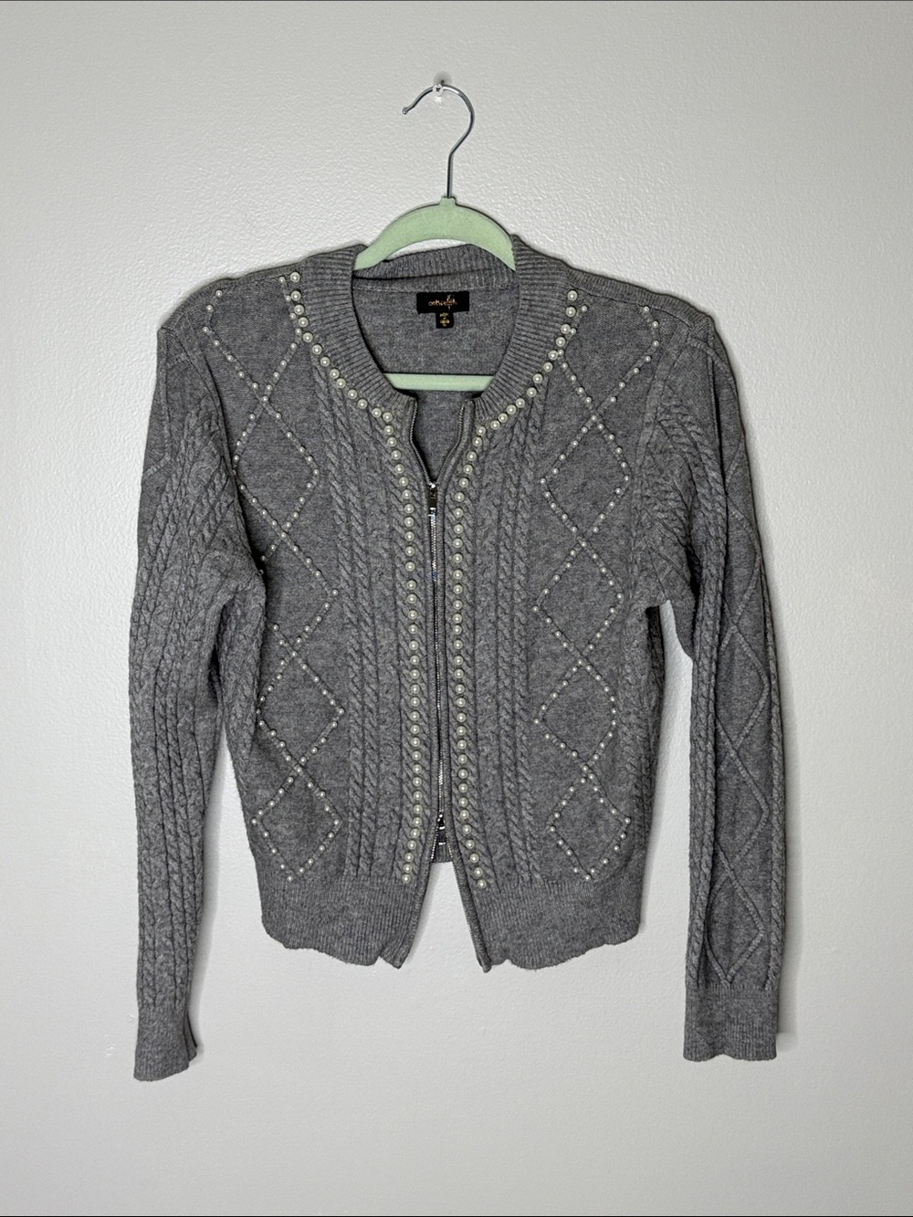 On Twelfth Gray Embellished Cable-Knit Zip Cardigan Sweater Size Medium